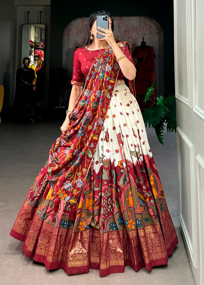 Auburn Brown Kalamkari Printed Tussar Silk Lehenga Choli