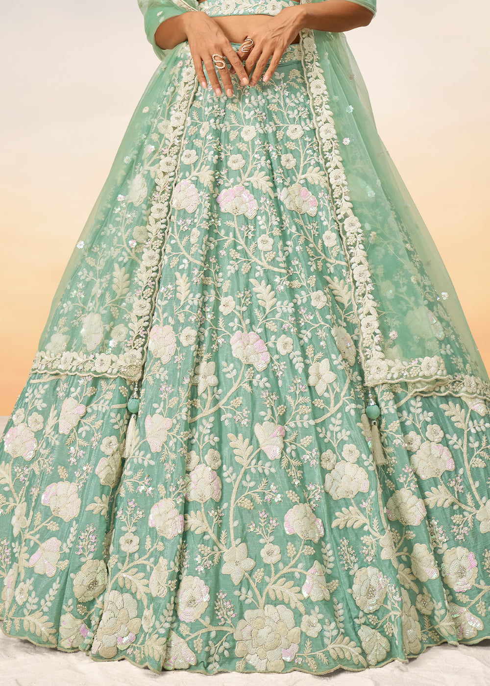 Sea Green Georgette Lehenga Choli with Sequins & Zarkan Embroidery work