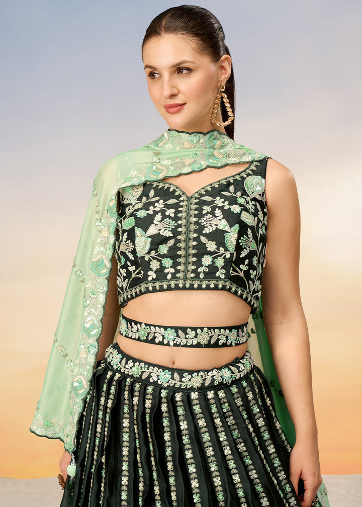 Shades Of Green Satin Lehenga Choli with Heavy Sequins Embroidery work