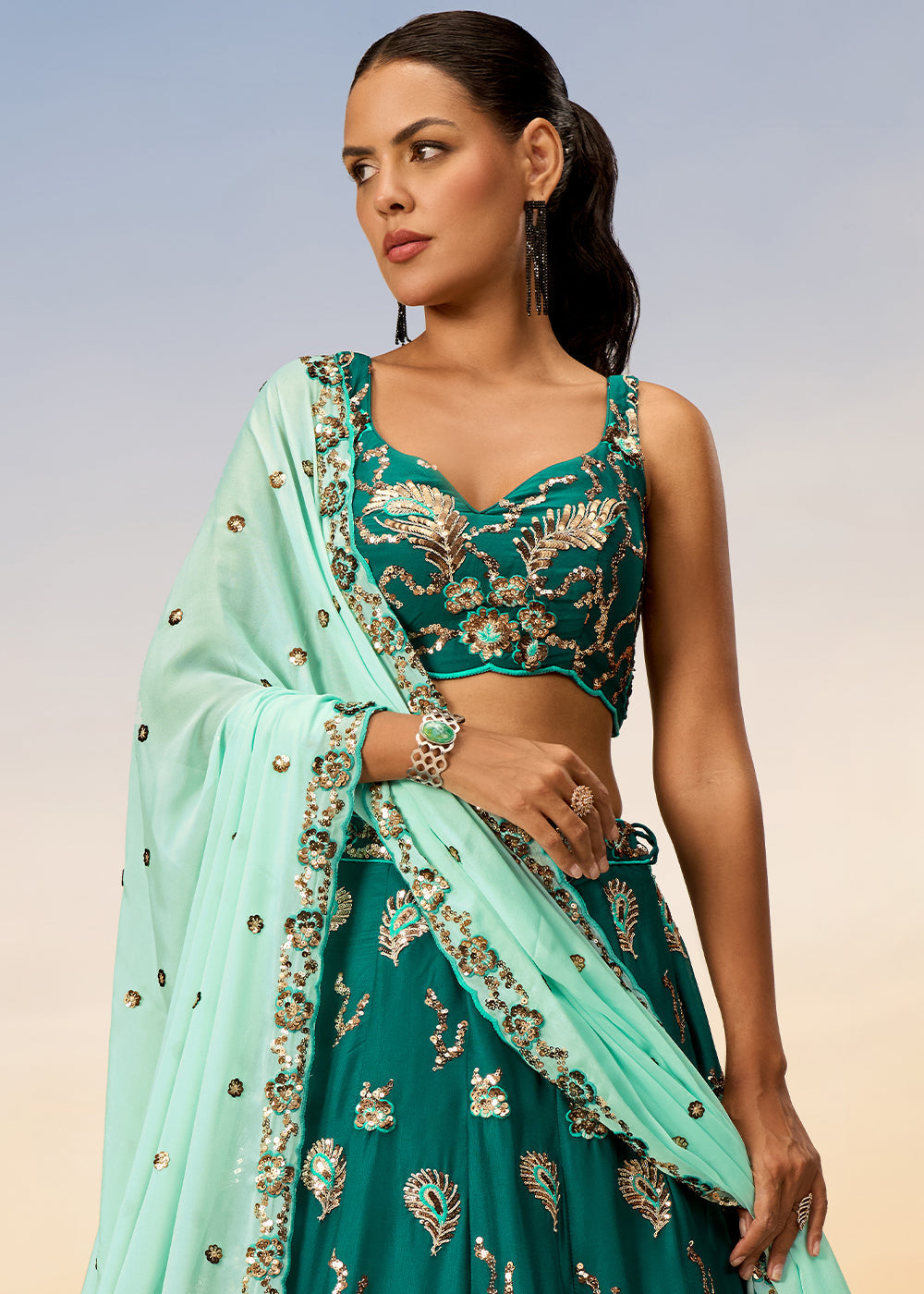 Cactus Green Georgette Lehenga Choli with Heavy Sequins Embroidery work