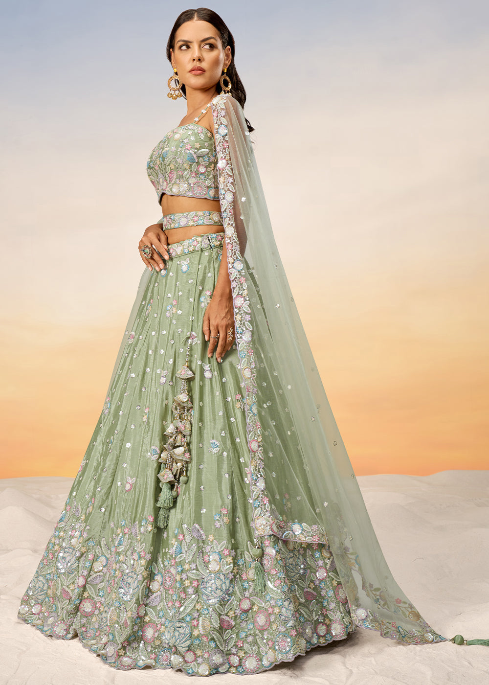 Pastel Green Chiffon Lehenga Choli with Sequins & Thread Embroidery work