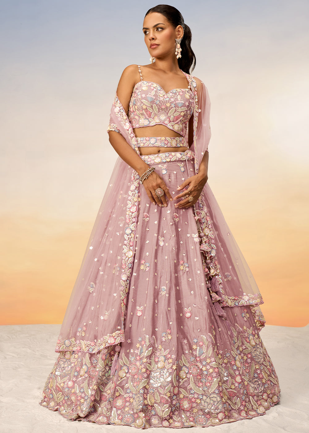 Rose Gold Pink Chiffon Lehenga Choli with Sequins & Thread Embroidery work