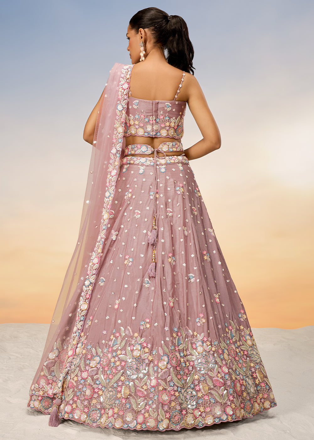 Rose Gold Pink Chiffon Lehenga Choli with Sequins & Thread Embroidery work