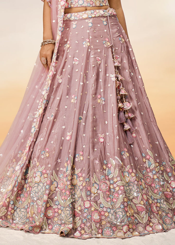 Rose Gold Pink Chiffon Lehenga Choli with Sequins & Thread Embroidery work