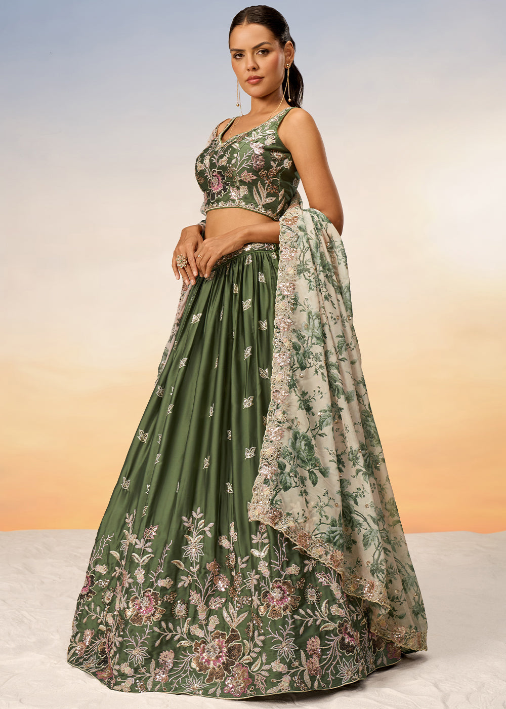 Olive Green Chiffon Lehenga Choli with Sequins work