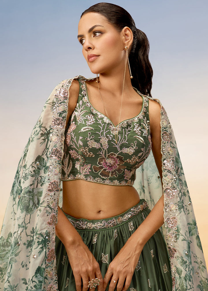 Olive Green Chiffon Lehenga Choli with Sequins work