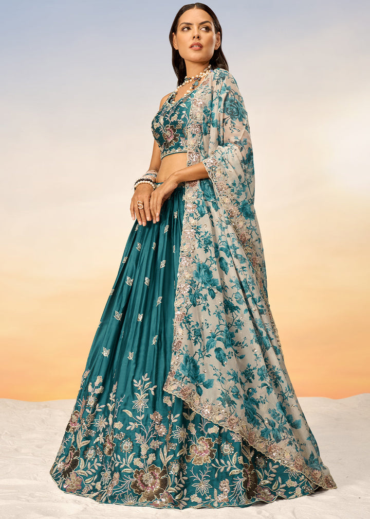 Teal Blue Chiffon Lehenga Choli with Sequins work