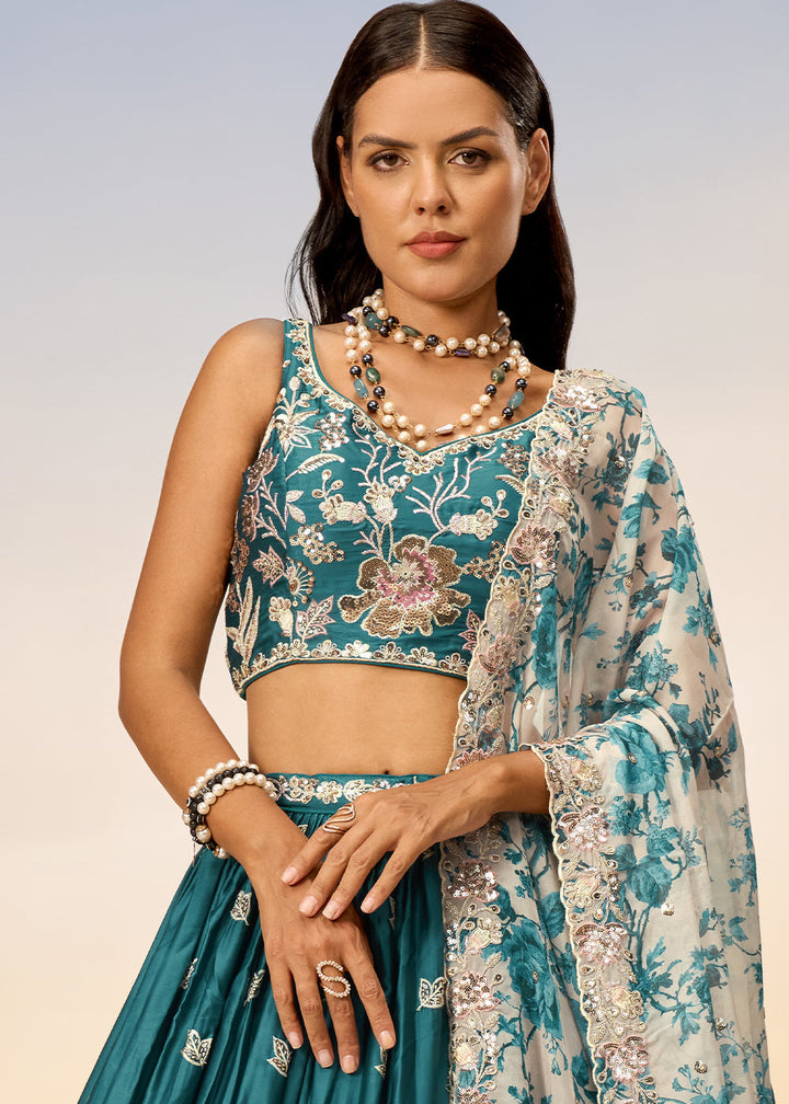 Teal Blue Chiffon Lehenga Choli with Sequins work