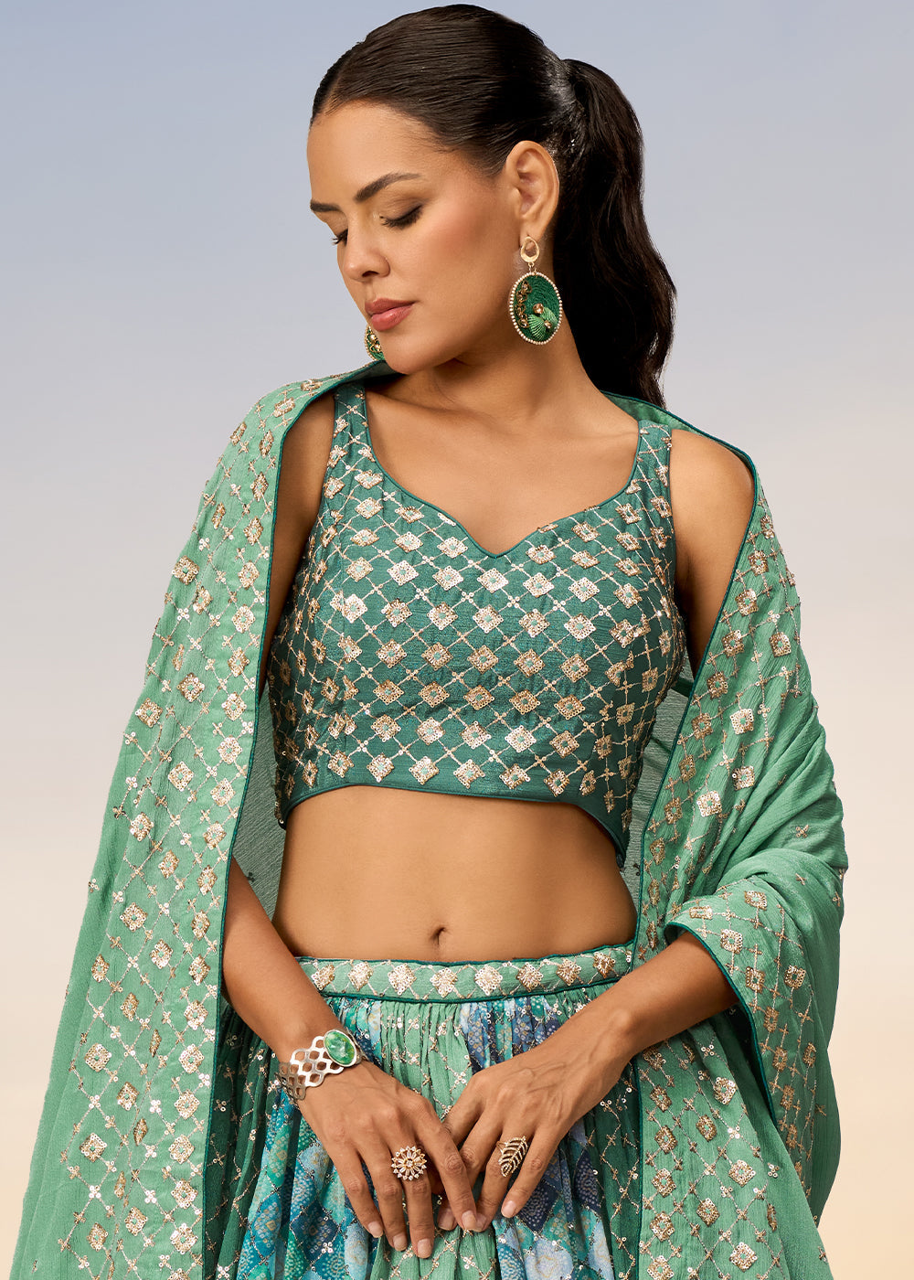 Shades Of Blue & Green Chiffon Lehenga Choli with Sequins work