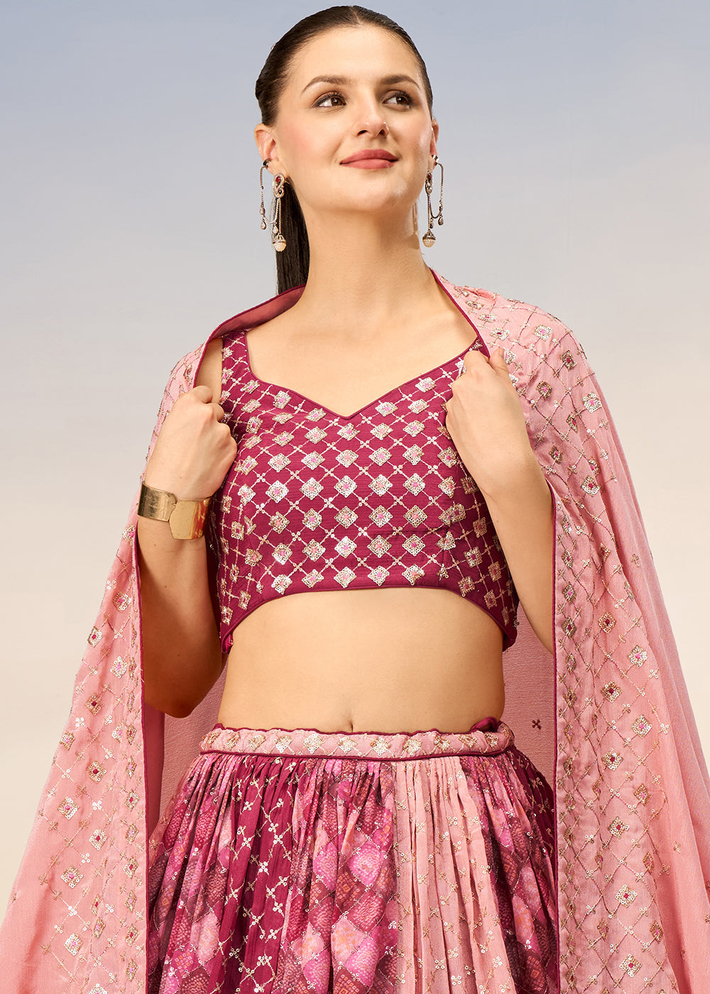 Shades Of Pink Chiffon Lehenga Choli with Sequins work