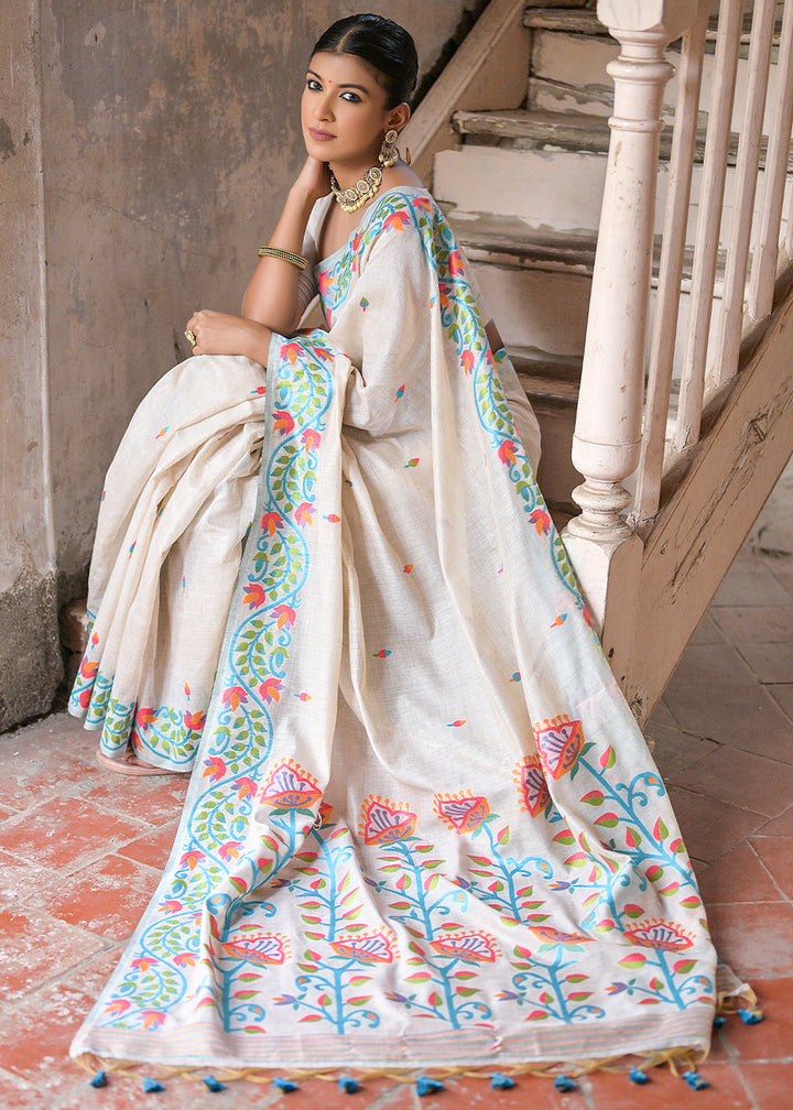 White & Firozi Muga Cotton Saree with Woven Butti All Over