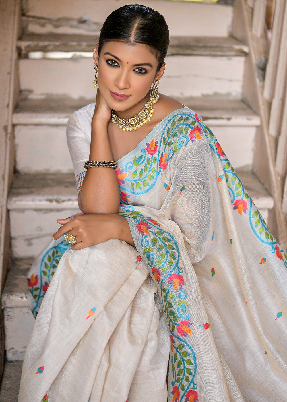 White & Firozi Muga Cotton Saree with Woven Butti All Over