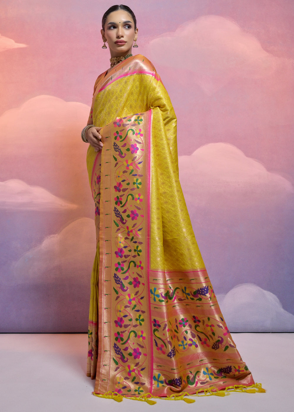 Sunray Yellow Woven Paithani Silk Saree with Meenakari Zari Woven Border