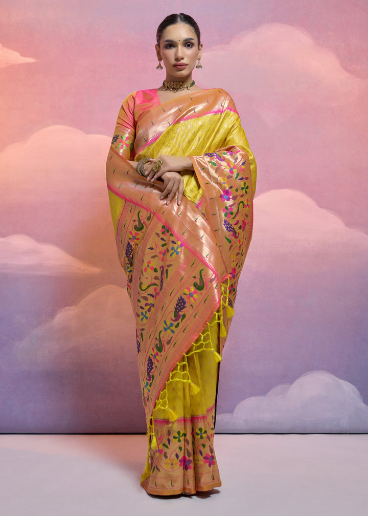 Sunray Yellow Woven Paithani Silk Saree with Meenakari Zari Woven Border