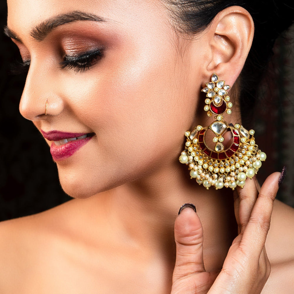 Antara Maroon Gold Plated Kundan Earrings