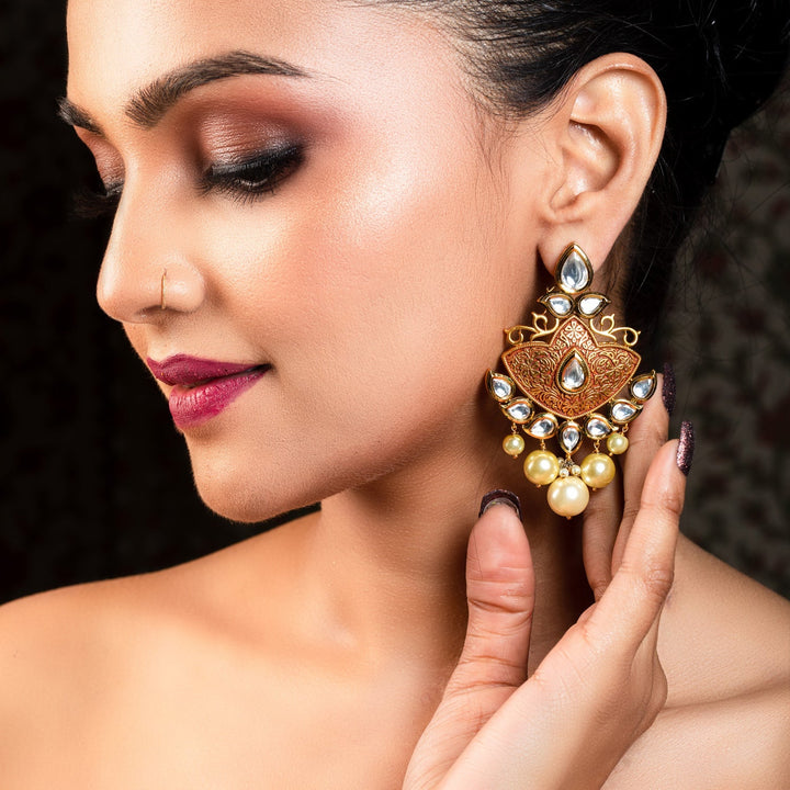 Anuradha Pearl Drops Gold Plated Kundan Earrings