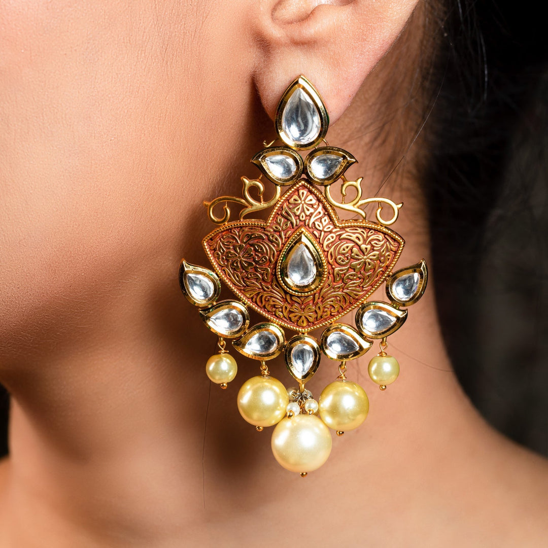 Anuradha Pearl Drops Gold Plated Kundan Earrings