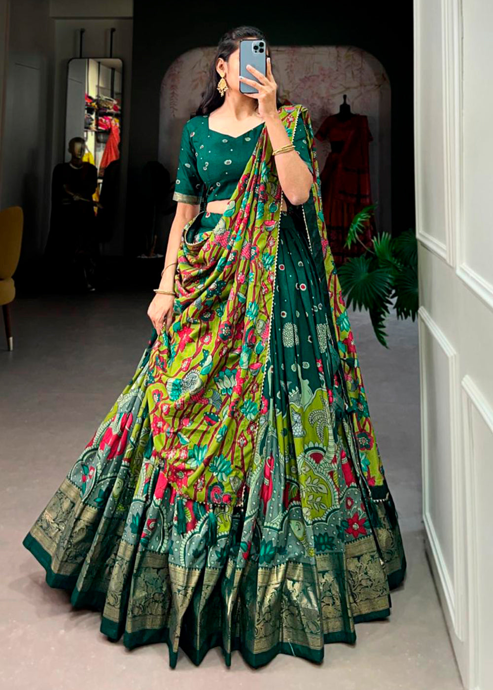 Sacramento Green Kalamkari Printed Tussar Silk Lehenga Choli