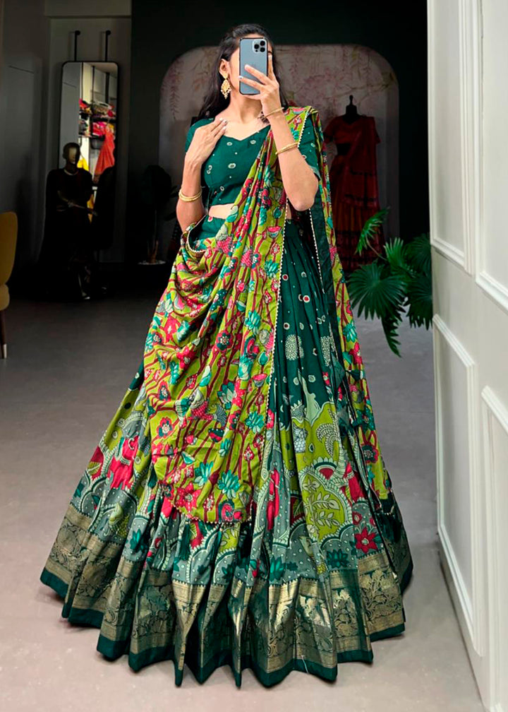 Sacramento Green Kalamkari Printed Tussar Silk Lehenga Choli