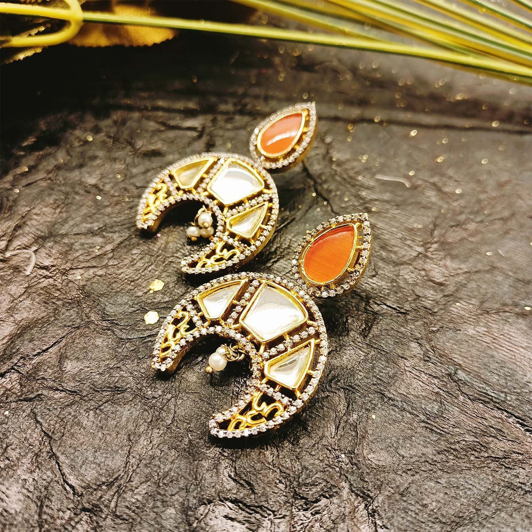 Anjali Orange Gold Plated Kundan Earrings