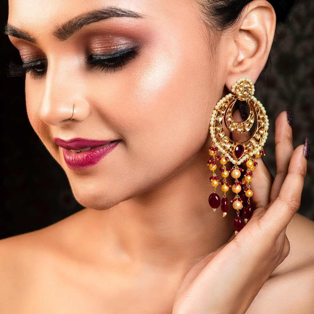 Anumati Ruby Stone Gold Plated Pachi Kundan Earrings