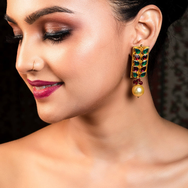 Advika Wine & Green Coloured Paachi Kundan Earrings