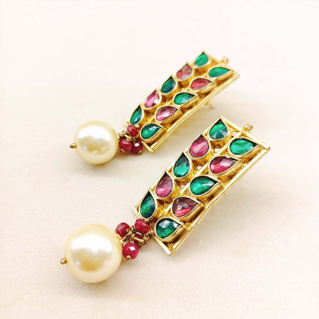 Advika Wine & Green Coloured Paachi Kundan Earrings