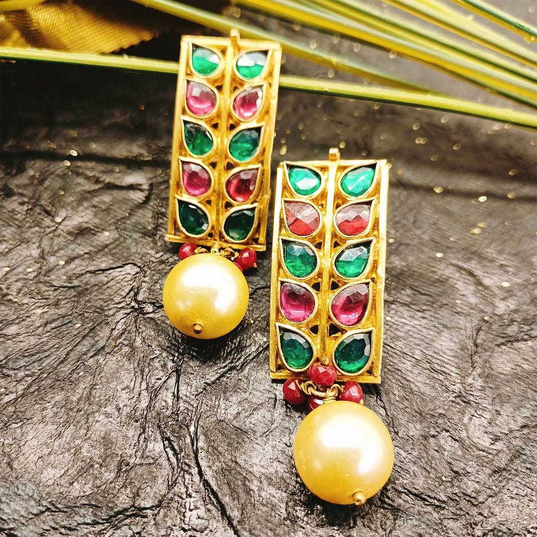 Advika Wine & Green Coloured Paachi Kundan Earrings