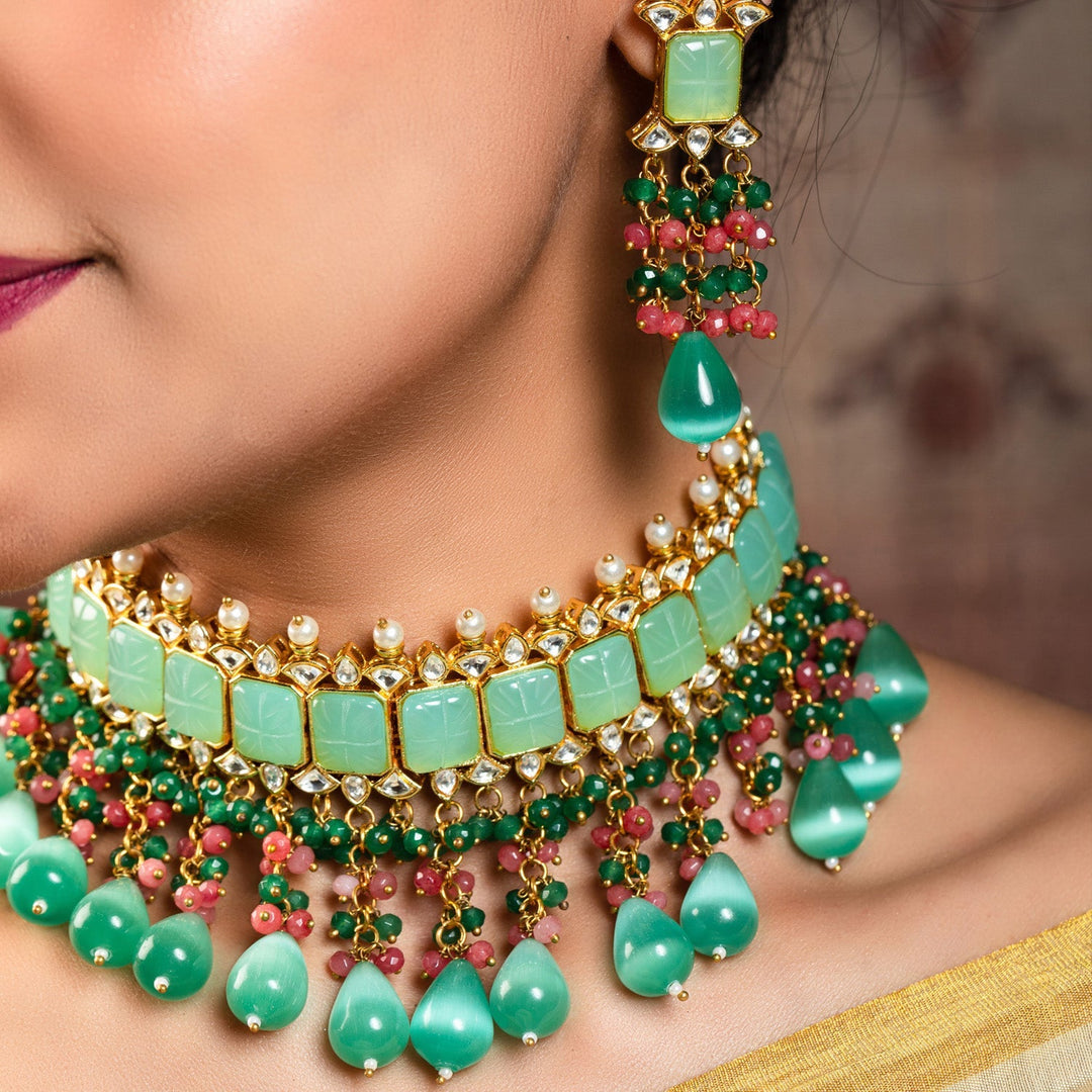 Aafizah Mint Green & Pink Gold Plated Choker Kundan Set