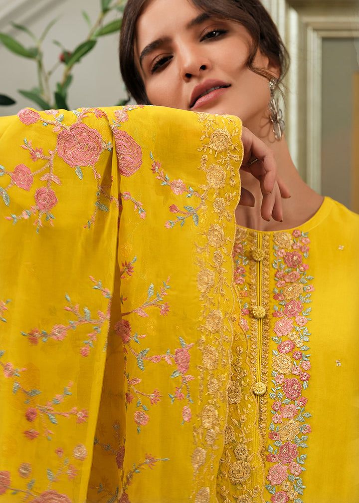 Golden Yellow Designer Woven Viscose Organza Salwar Suit with Embroidery work