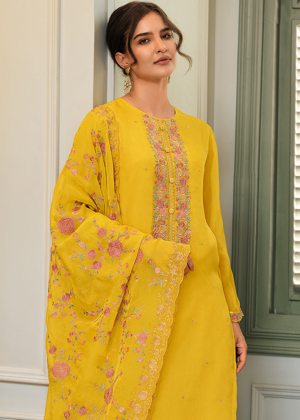 Golden Yellow Designer Woven Viscose Organza Salwar Suit with Embroidery work