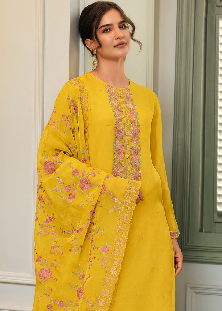 Golden Yellow Designer Woven Viscose Organza Salwar Suit with Embroidery work