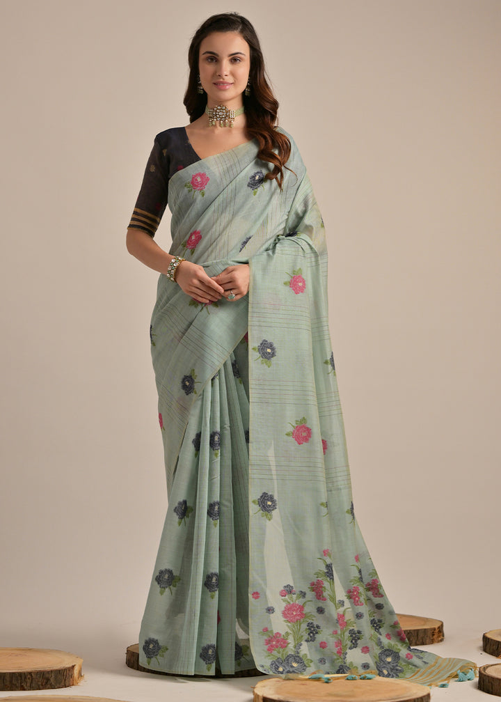 Columbia Blue Thread Woven Muga Cotton Saree for Breezy Summers