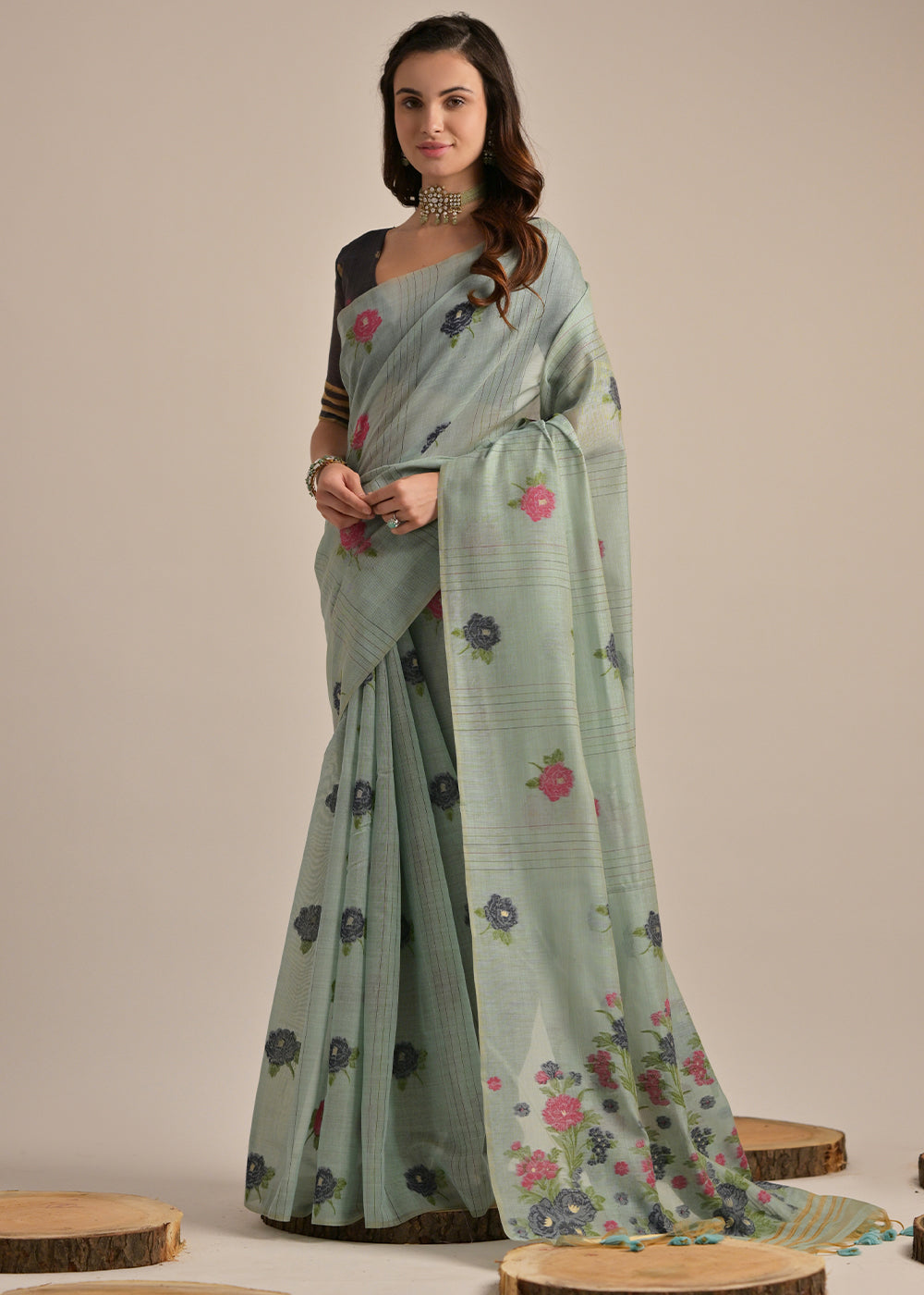 Columbia Blue Thread Woven Muga Cotton Saree for Breezy Summers