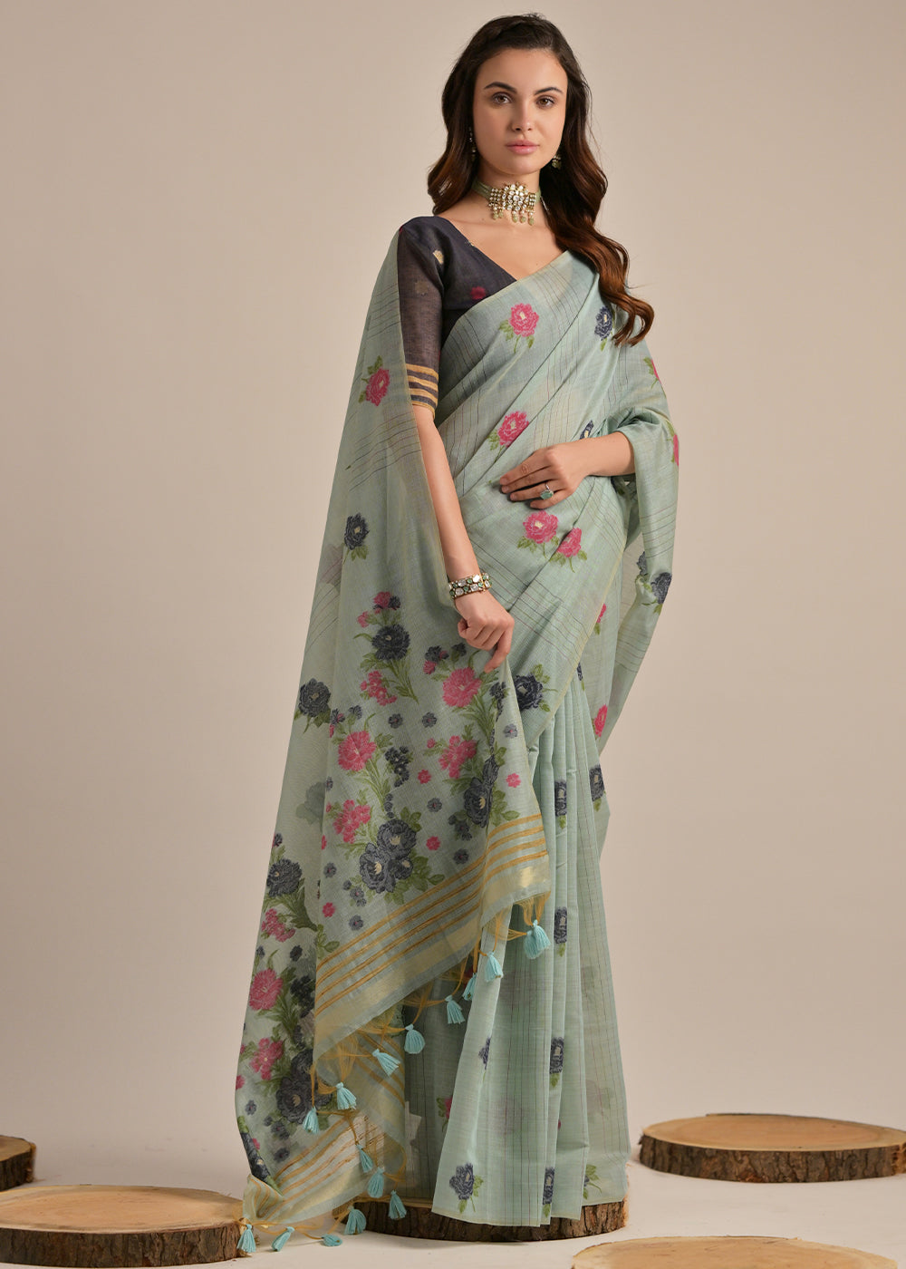 Columbia Blue Thread Woven Muga Cotton Saree for Breezy Summers