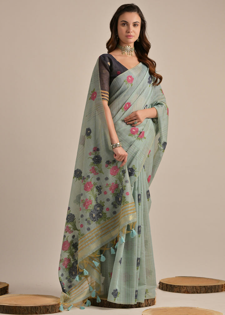 Columbia Blue Thread Woven Muga Cotton Saree for Breezy Summers