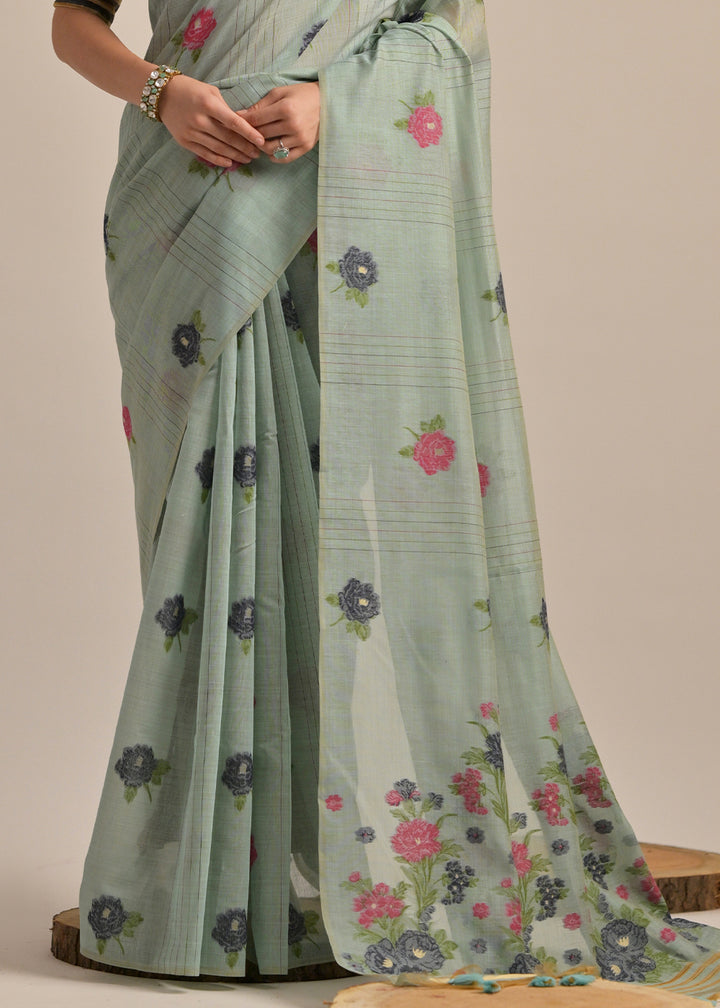 Columbia Blue Thread Woven Muga Cotton Saree for Breezy Summers