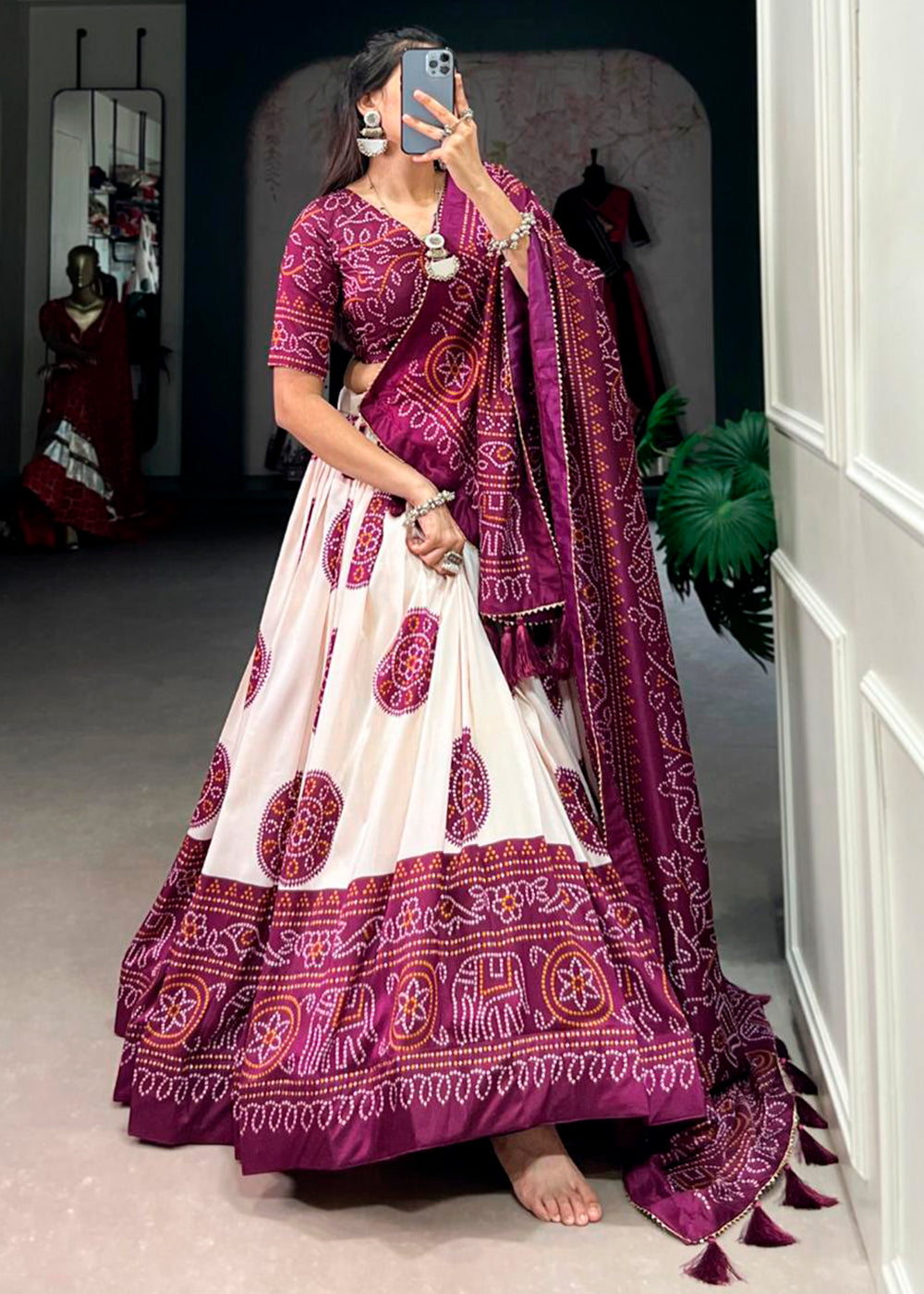 Byzantine Purple & White Patola Printed Tussar Silk Lehenga Choli