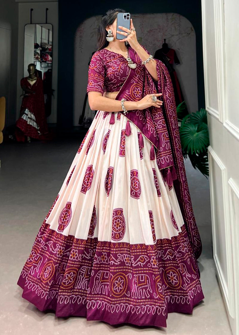 Byzantine Purple & White Patola Printed Tussar Silk Lehenga Choli