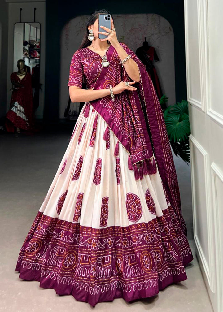 Byzantine Purple & White Patola Printed Tussar Silk Lehenga Choli