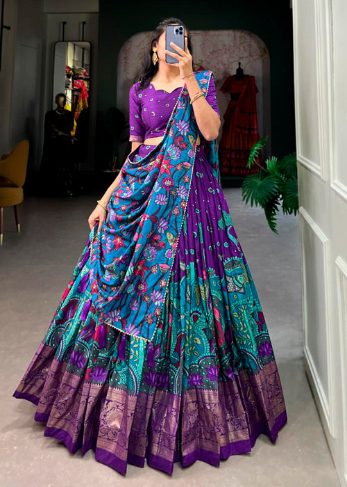 Purple & Blue Kalamkari Printed Tussar Silk Lehenga Choli
