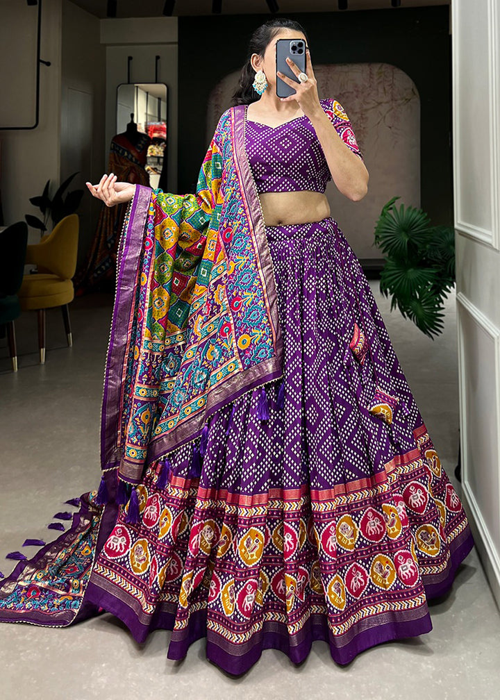 Metallic Purple Patola Printed Tussar Silk Chaniya Choli