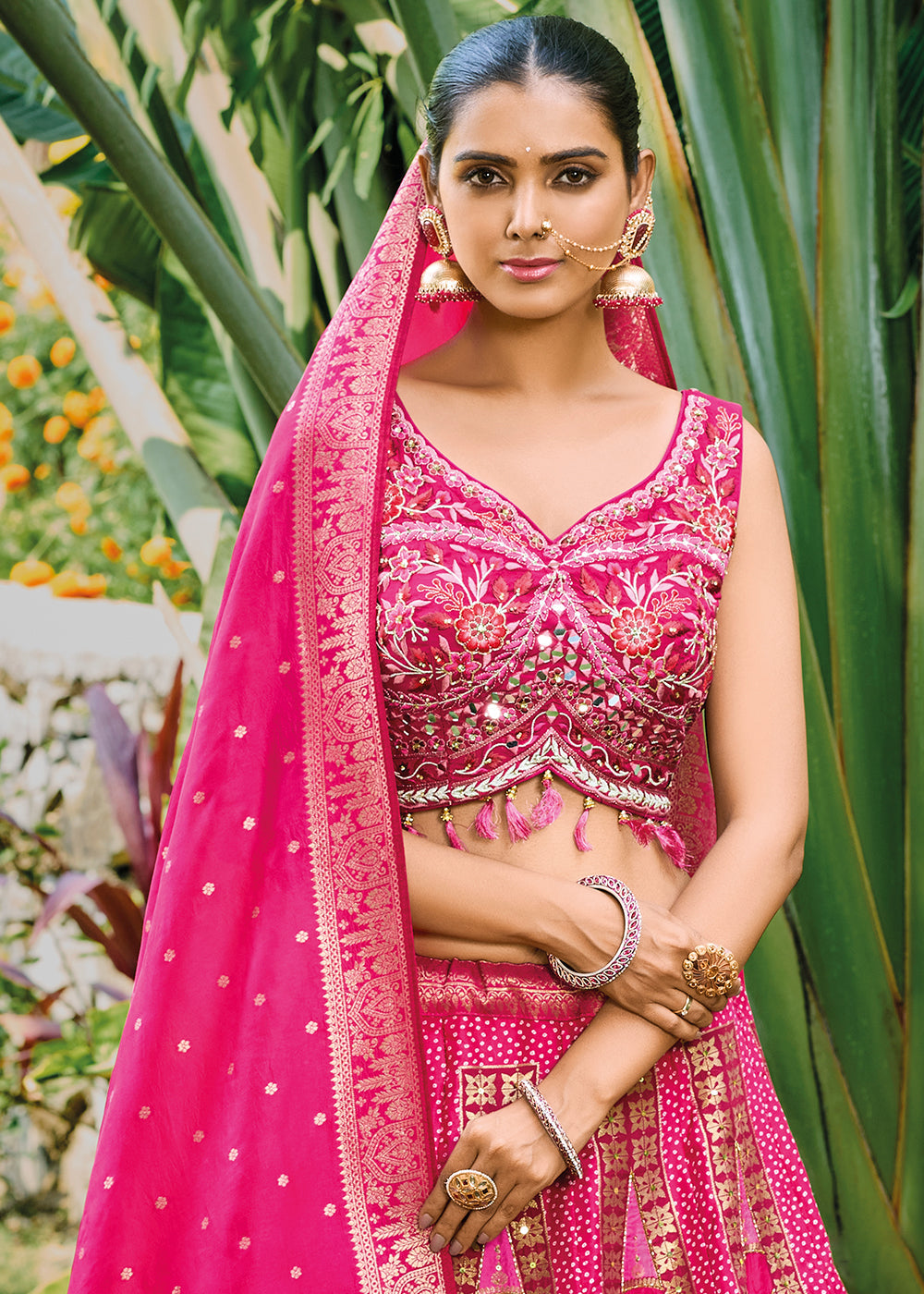 Hot Pink Ready to Wear Dola Silk Lehenga Choli with Hand work Embroidery & Khatli Work