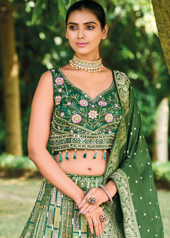 Shades Of Green Ready to Wear Dola Silk Lehenga Choli with Hand work Embroidery & Khatli Work