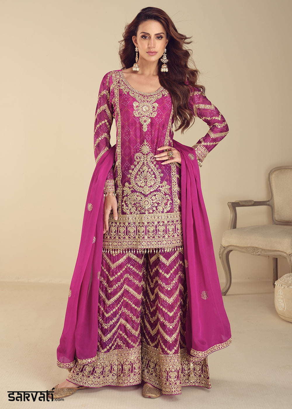 Pinkish Purple Chinon Silk Palazzo Suit with Exquisite Embroidery