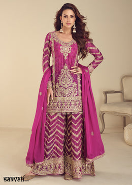 Pinkish Purple Chinon Silk Palazzo Suit with Exquisite Embroidery