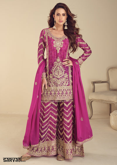 Pinkish Purple Chinon Silk Palazzo Suit with Exquisite Embroidery