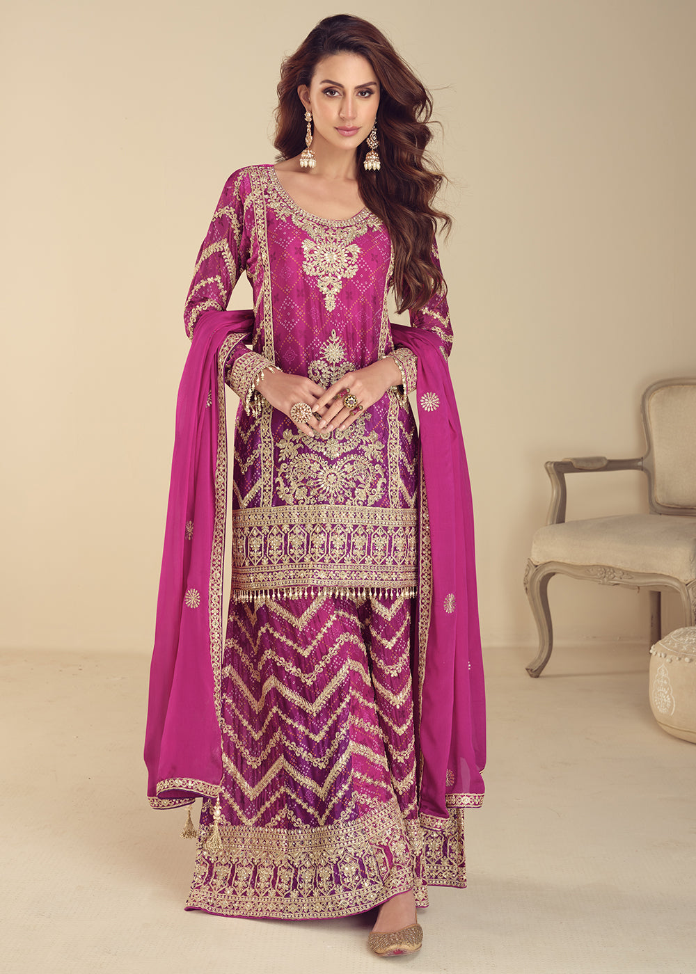 Pinkish Purple Chinon Silk Palazzo Suit with Exquisite Embroidery