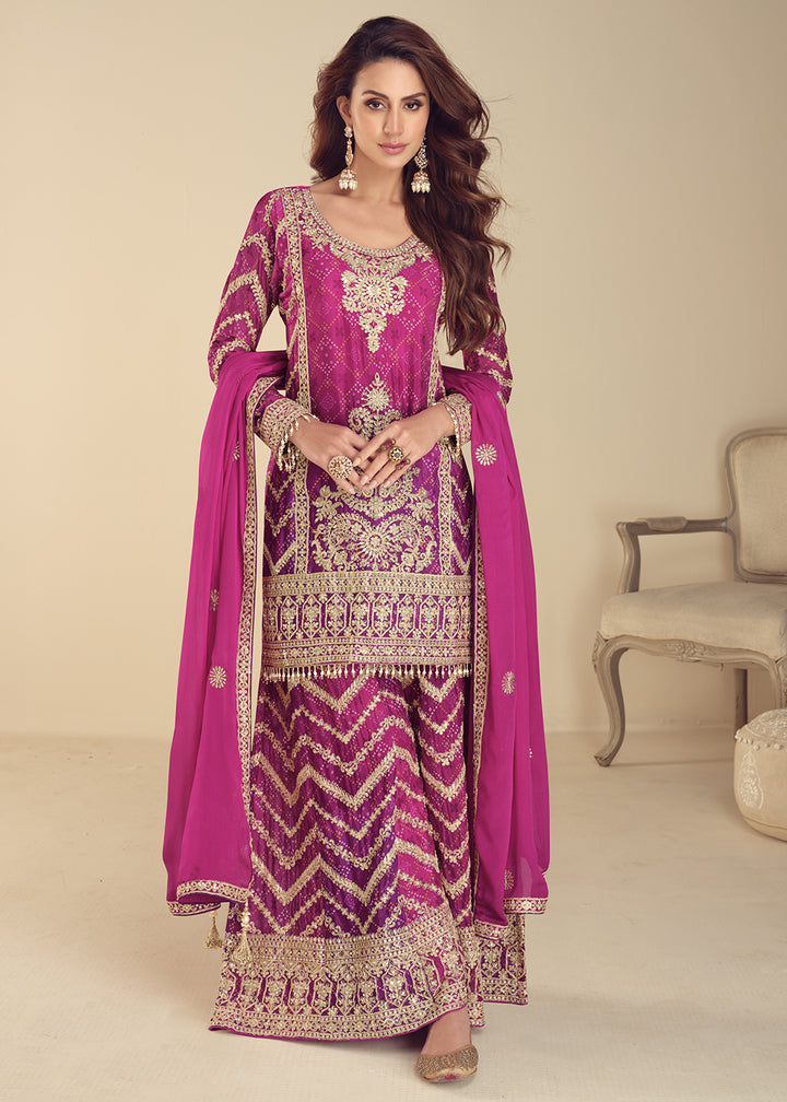Pinkish Purple Chinon Silk Palazzo Suit with Exquisite Embroidery