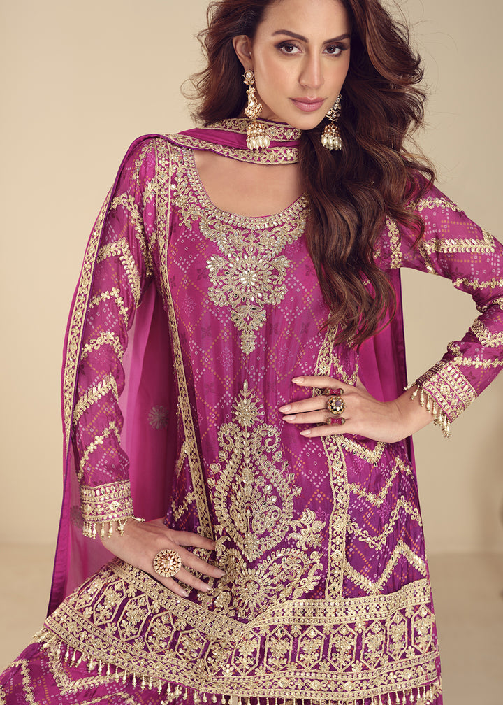 Pinkish Purple Chinon Silk Palazzo Suit with Exquisite Embroidery